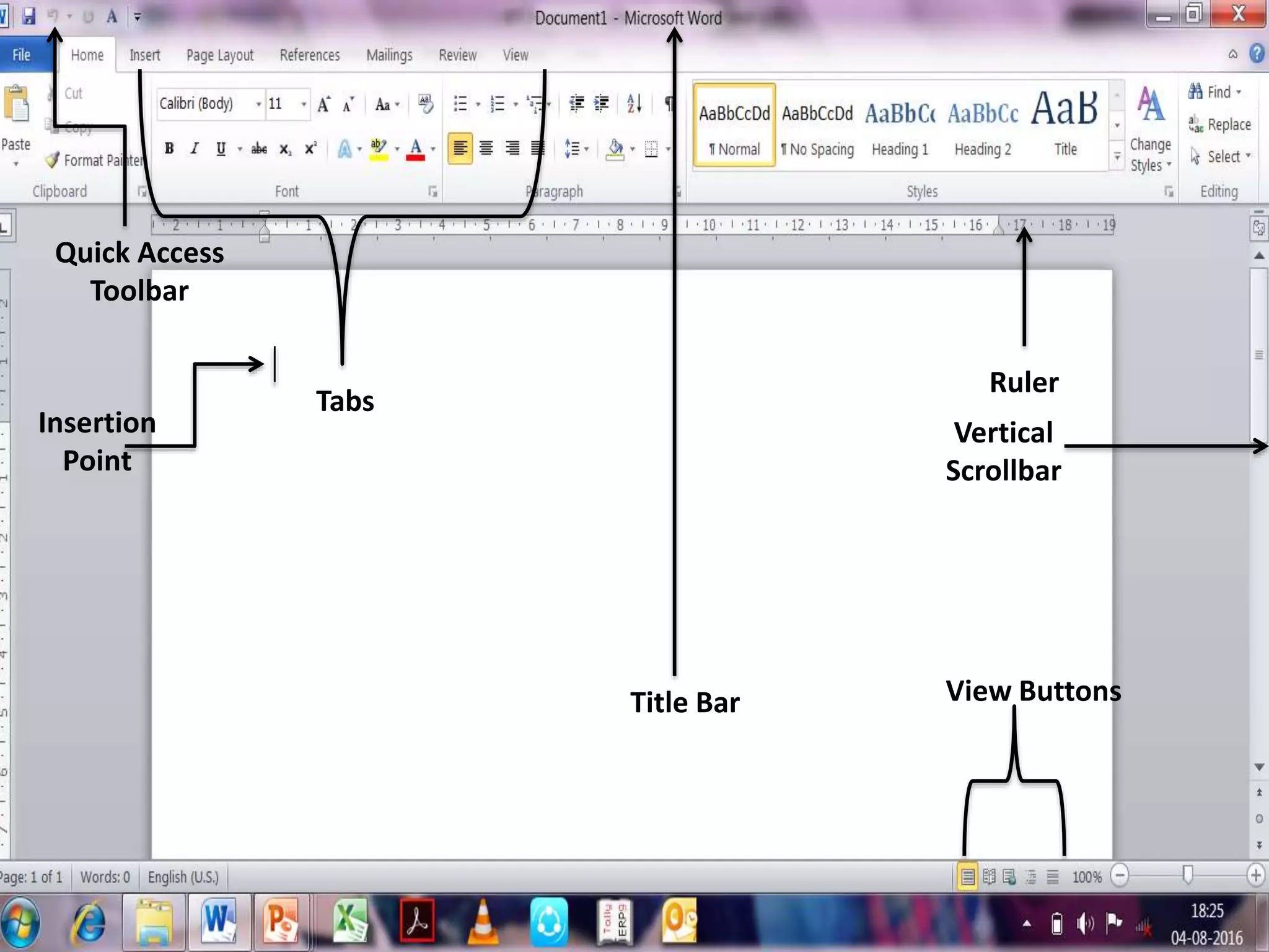 Ruler
Vertical
Scrollbar
Insertion
Point
Quick Access
Toolbar
Title Bar
Tabs
View Buttons
 