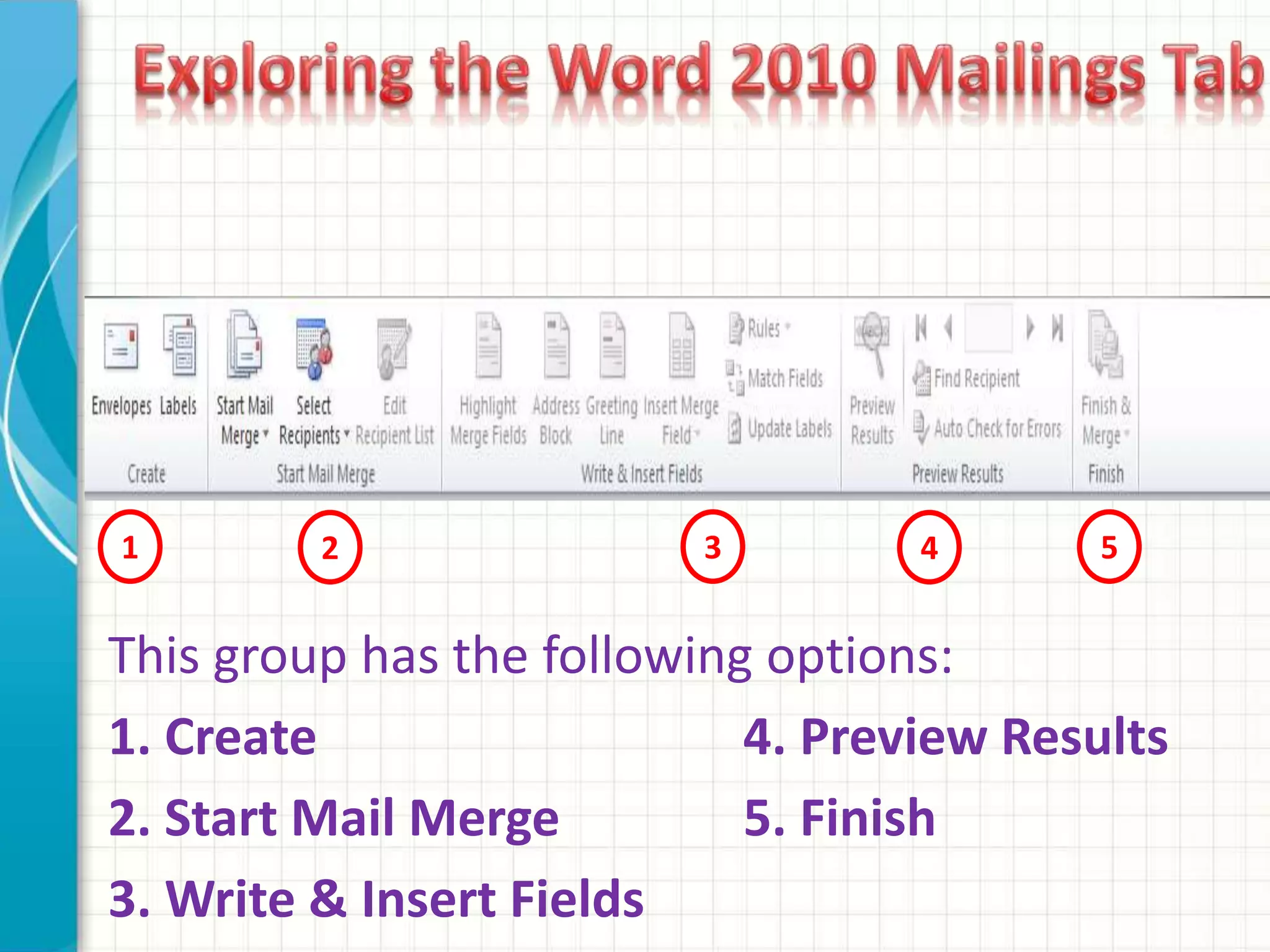 1 2 3 4 5
This group has the following options:
1. Create 4. Preview Results
2. Start Mail Merge 5. Finish
3. Write & Insert Fields
 