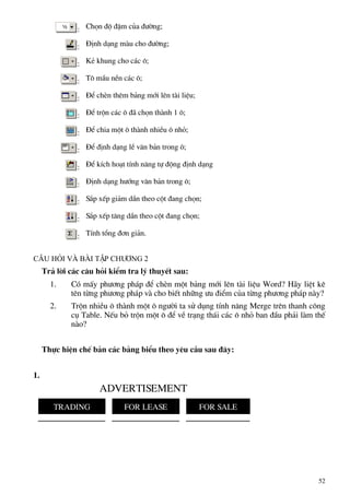 : Chän ®é ®Ëm cña ®−êng;
: §Þnh d¹ng mµu cho ®−êng;
: KÎ khung cho c¸c «;
: T« mÇu nÒn c¸c «;
: §Ó chÌn thªm b¶ng míi lªn tµi liÖu;
: §Ó trén c¸c « ®· chän thµnh 1 «;
: §Ó chia mét « thµnh nhiÒu « nhá;
: §Ó ®Þnh d¹ng lÒ v¨n b¶n trong «;
: §Ó kÝch ho¹t tÝnh n¨ng tù ®éng ®Þnh d¹ng
: §Þnh d¹ng h−íng v¨n b¶n trong «;
: S¾p xÕp gi¶m dÇn theo cét ®ang chän;
: S¾p xÕp t¨ng dÇn theo cét ®ang chän;
: TÝnh tæng ®¬n gi¶n.
C©u hái vµ bµi tËp Ch−¬ng 2
Tr¶ lêi c¸c c©u hái kiÓm tra lý thuyÕt sau:
1. Cã mÊy ph−¬ng ph¸p ®Ó chÌn mét b¶ng míi lªn tµi liÖu Word? H·y liÖt kª
tªn tõng ph−¬ng ph¸p vµ cho biÕt nh÷ng −u ®iÓm cña tõng ph−¬ng ph¸p nµy?
2. Trén nhiÒu « thµnh mét « ng−êi ta sö dông tÝnh n¨ng Merge trªn thanh c«ng
cô Table. NÕu bá trén mét « ®Ó vÒ tr¹ng th¸i c¸c « nhá ban ®Çu ph¶i lµm thÕ
nµo?
Thùc hiÖn chÕ b¶n c¸c b¶ng biÓu theo yªu cÇu sau ®©y:
1.
ADVERTISEMENT
TRADING FOR LEASE FOR SALE
52
 