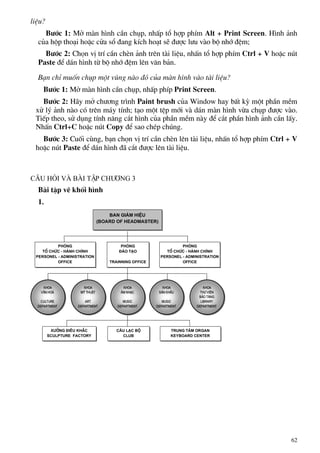 liÖu?
B−íc 1: Më mµn h×nh cÇn chôp, nhÊp tæ hîp phÝm Alt + Print Screen. H×nh ¶nh
cña hép tho¹i hoÆc cöa sæ ®ang kÝch ho¹t sÏ ®−îc l−u vµo bé nhí ®Öm;
B−íc 2: Chän vÞ trÝ cÇn chÌn ¶nh trªn tµi liÖu, nhÊn tæ hîp phÝm Ctrl + V hoÆc nót
Paste ®Ó d¸n h×nh tõ bé nhí ®Öm lªn v¨n b¶n.
B¹n chØ muèn chôp mét vïng nµo ®ã cña mµn h×nh vµo tµi liÖu?
B−íc 1: Më mµn h×nh cÇn chôp, nhÊp phÝp Print Screen.
B−íc 2: H·y më ch−¬ng tr×nh Paint brush cña Window hay bÊt kú mét phÇn mÒm
xö lý ¶nh nµo cã trªn m¸y tÝnh; t¹o mét tÖp míi vµ d¸n mµn h×nh võa chôp ®−îc vµo.
TiÕp theo, sö dông tÝnh n¨ng c¾t h×nh cña phÇn mÒm nµy ®Ó c¾t phÇn h×nh ¶nh cÇn lÊy.
NhÊn Ctrl+C hoÆc nót Copy ®Ó sao chÐp chóng.
B−íc 3: Cuèi cïng, b¹n chän vÞ trÝ cÇn chÌn lªn tµi liÖu, nhÊn tæ hîp phÝm Ctrl + V
hoÆc nót Paste ®Ó d¸n h×nh ®· c¾t ®−îc lªn tµi liÖu.
C©u hái vµ bµi tËp Ch−¬ng 3
Bµi tËp vÏ khèi h×nh
1.
Ban gi¸m hiÖu
(Board of headmaster)
c©u l¹c bé
club
x−ëng ®iªu kh¾c
sculpture factory
trung t©m organ
keyboard center
Khoa
©m nh¹c
Music
Department
Khoa
mü thuËt
art
Department
Khoa
v¨n ho¸
Culture
Department
Khoa
th− viÖn
b¶o tµng
library
Department
Khoa
s©n khÊu
Music
Department
Phßng
®µo t¹o
Trainning office
Phßng
tæ chøc - hµnh chÝnh
Personel - administration
office
Phßng
tæ chøc - hµnh chÝnh
Personel - administration
office
62
 