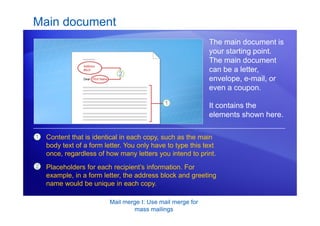 Mail merge I: Use mail merge for
mass mailings
Main document
The main document is
your starting point.
The main document
can be a letter,
envelope, e-mail, or
even a coupon.
It contains the
elements shown here.
1
2
Content that is identical in each copy, such as the main
body text of a form letter. You only have to type this text
once, regardless of how many letters you intend to print.
Placeholders for each recipient’s information. For
example, in a form letter, the address block and greeting
name would be unique in each copy.
 