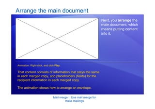 Mail merge I: Use mail merge for
mass mailings
Arrange the main document
Next, you arrange the
main document, which
means putting content
into it.
That content consists of information that stays the same
in each merged copy, and placeholders (fields) for the
recipient information in each merged copy.
The animation shows how to arrange an envelope.
Animation: Right-click, and click Play.
 