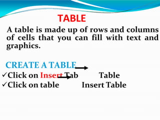 TABLE
A table is made up of rows and columns
of cells that you can fill with text and
graphics.
CREATE A TABLE
Click on Insert Tab
Click on table
Table
Insert Table
 