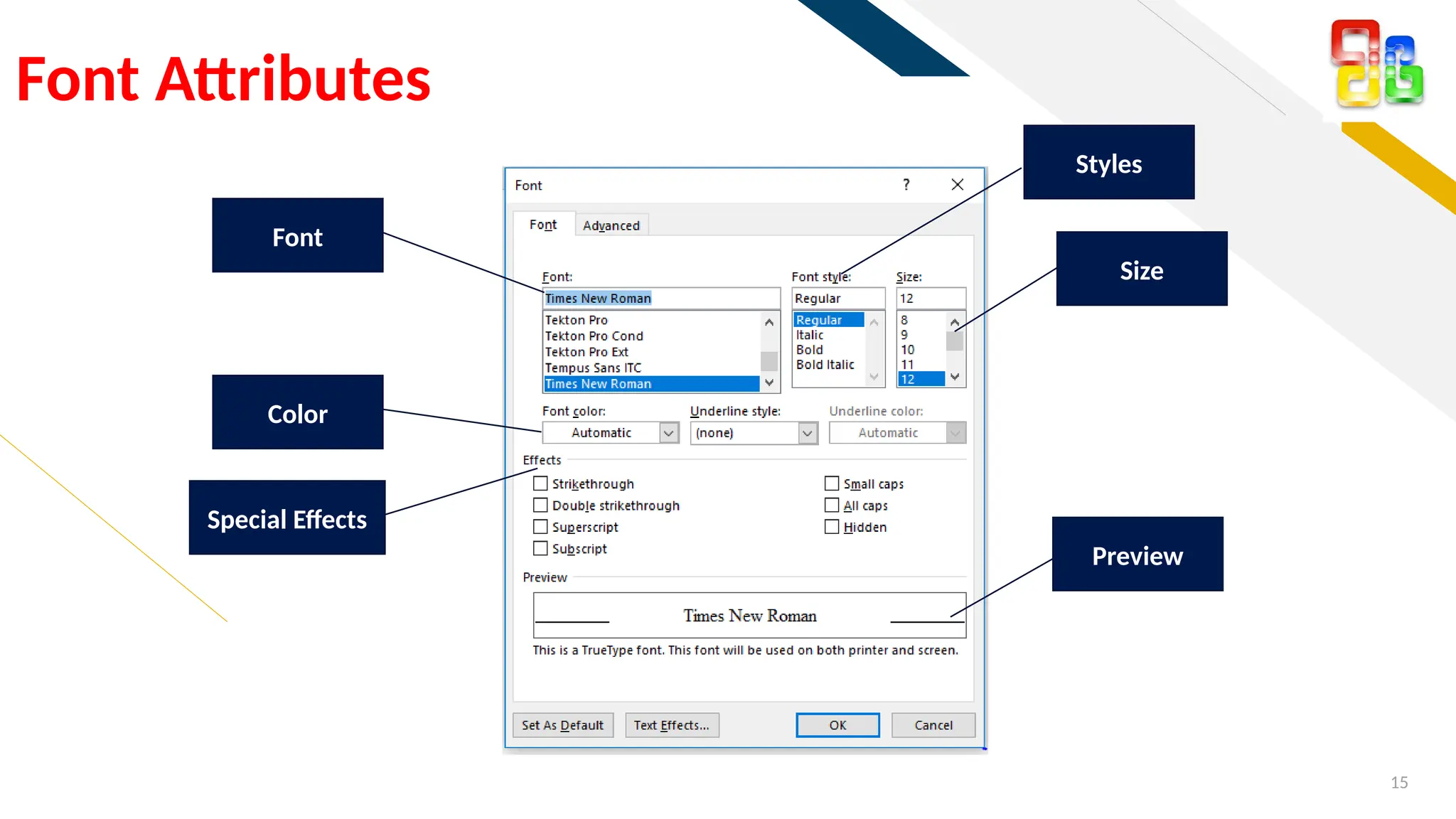 FR
15
Font Attributes
Styles
Size
Preview
Font
Color
Special Effects
 