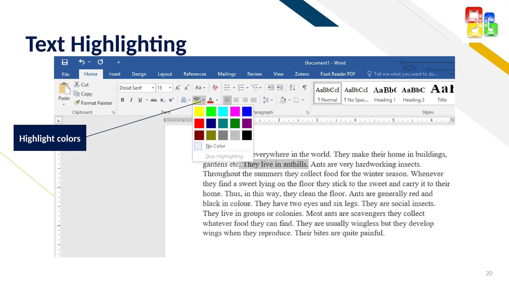 FR
20
Text Highlighting
Highlight colors
 