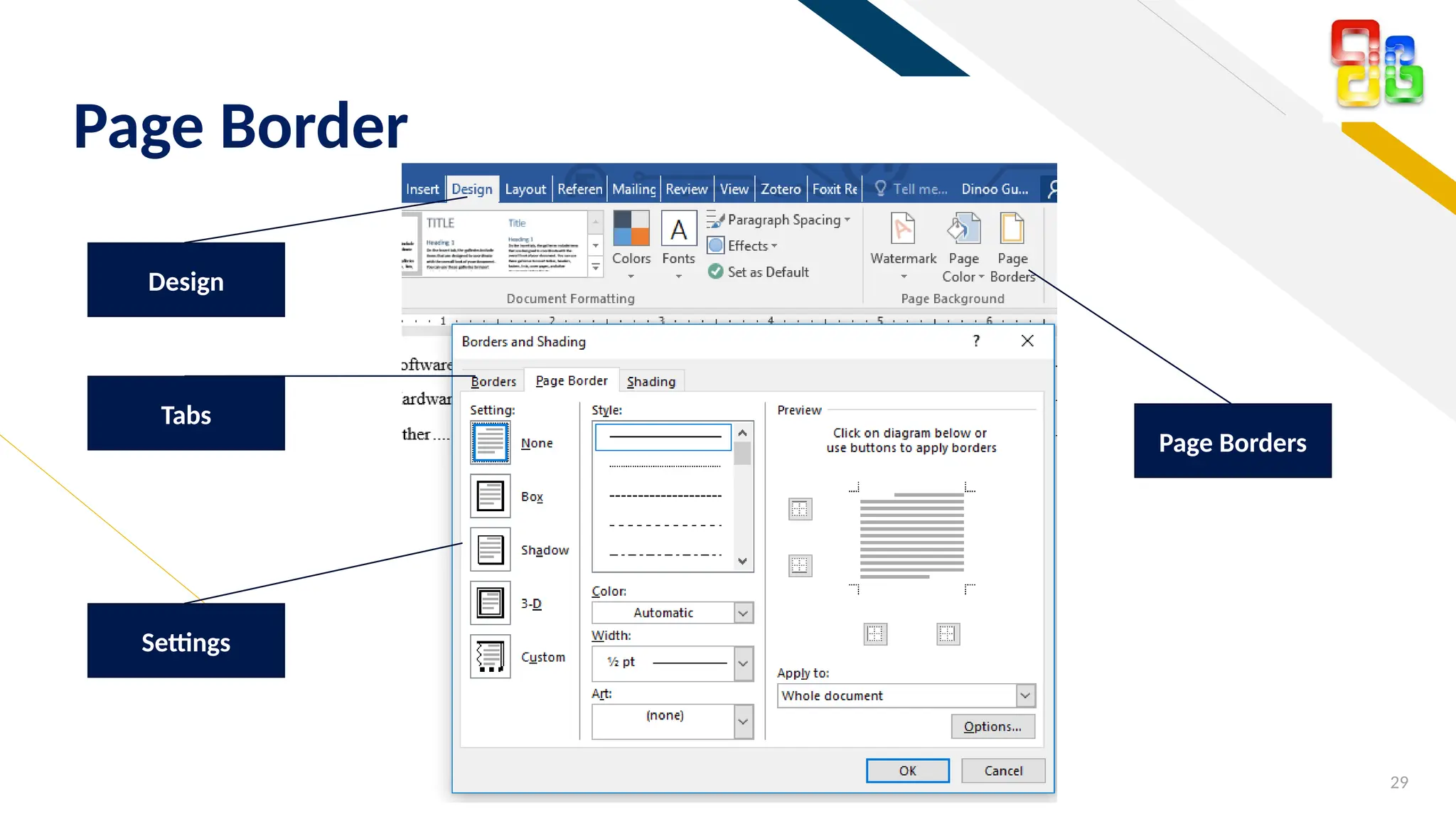 FR
29
Page Border
Design
Tabs
Page Borders
Settings
 