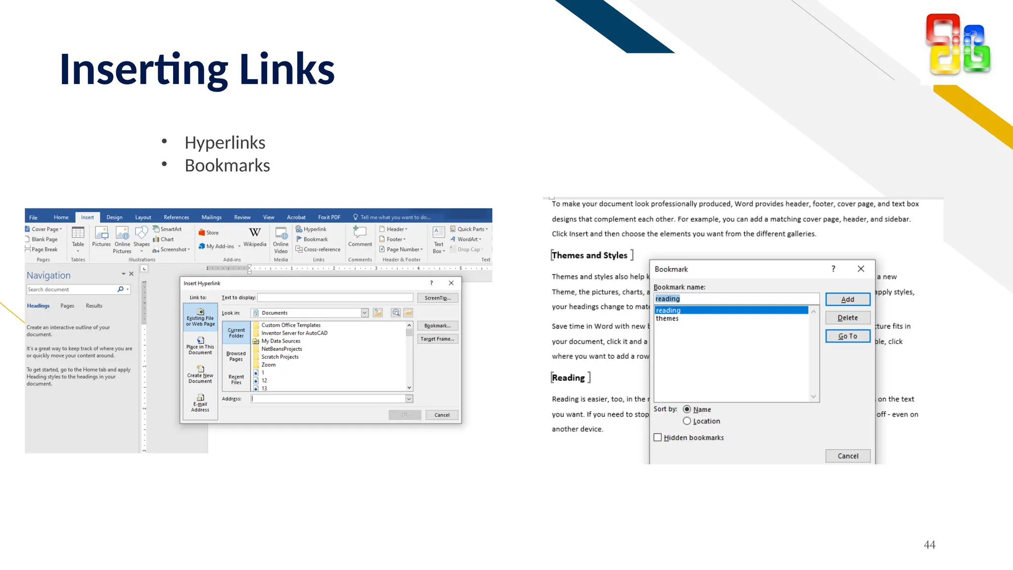 FR
Inserting Links
44
• Hyperlinks
• Bookmarks
 