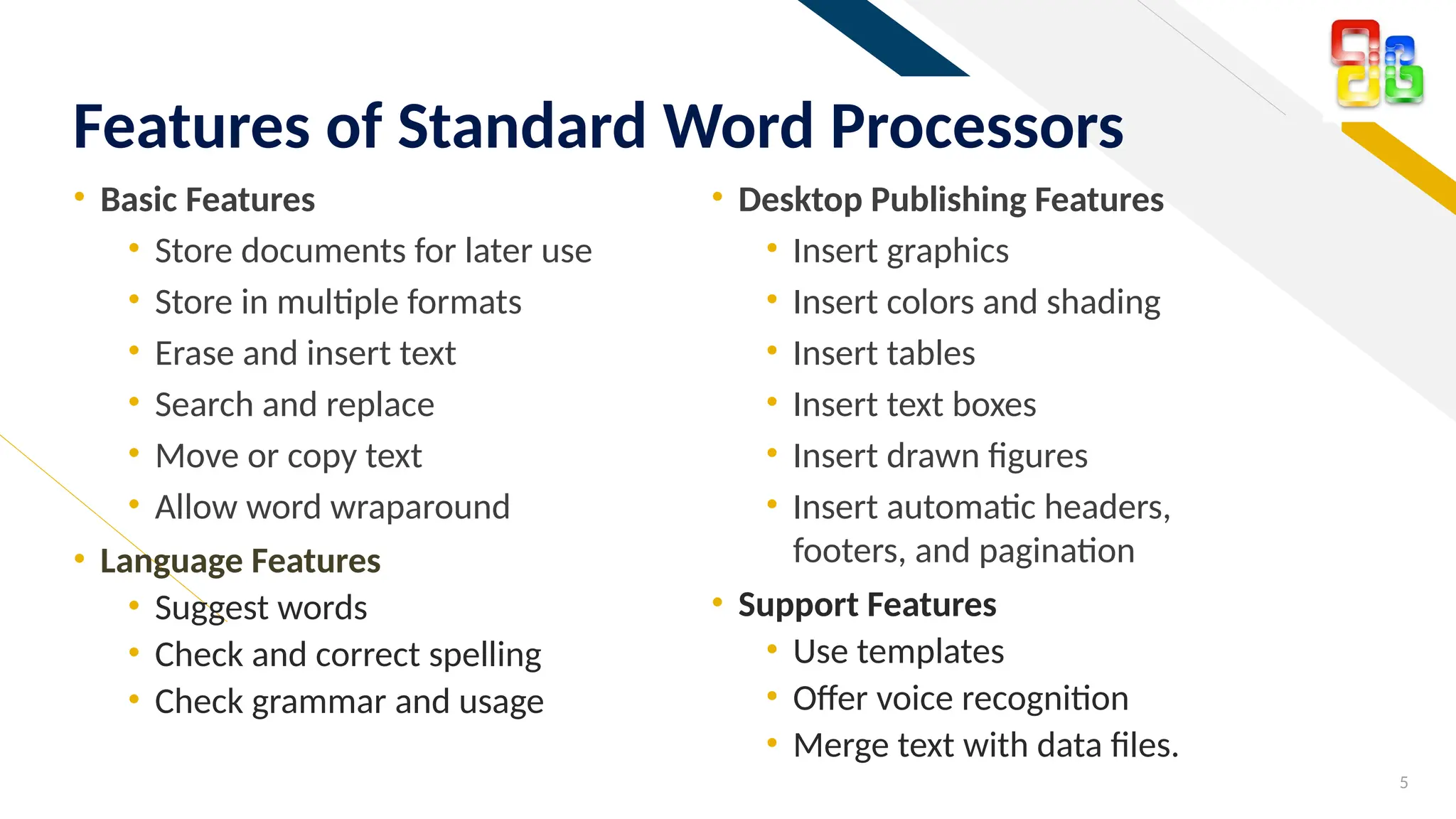 FR
• Desktop Publishing Features
• Insert graphics
• Insert colors and shading
• Insert tables
• Insert text boxes
• Insert drawn figures
• Insert automatic headers,
footers, and pagination
• Support Features
• Use templates
• Offer voice recognition
• Merge text with data files.
• Basic Features
• Store documents for later use
• Store in multiple formats
• Erase and insert text
• Search and replace
• Move or copy text
• Allow word wraparound
• Language Features
• Suggest words
• Check and correct spelling
• Check grammar and usage
5
Features of Standard Word Processors
 