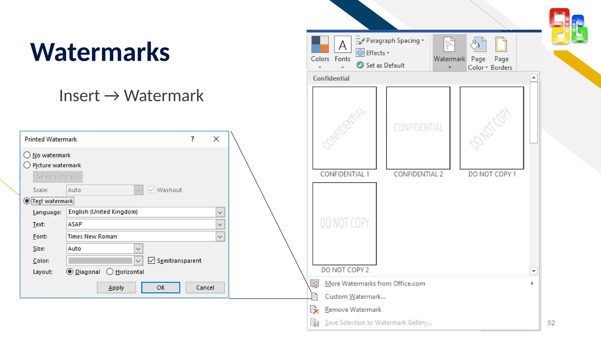 FR
52
Watermarks
Insert → Watermark
 