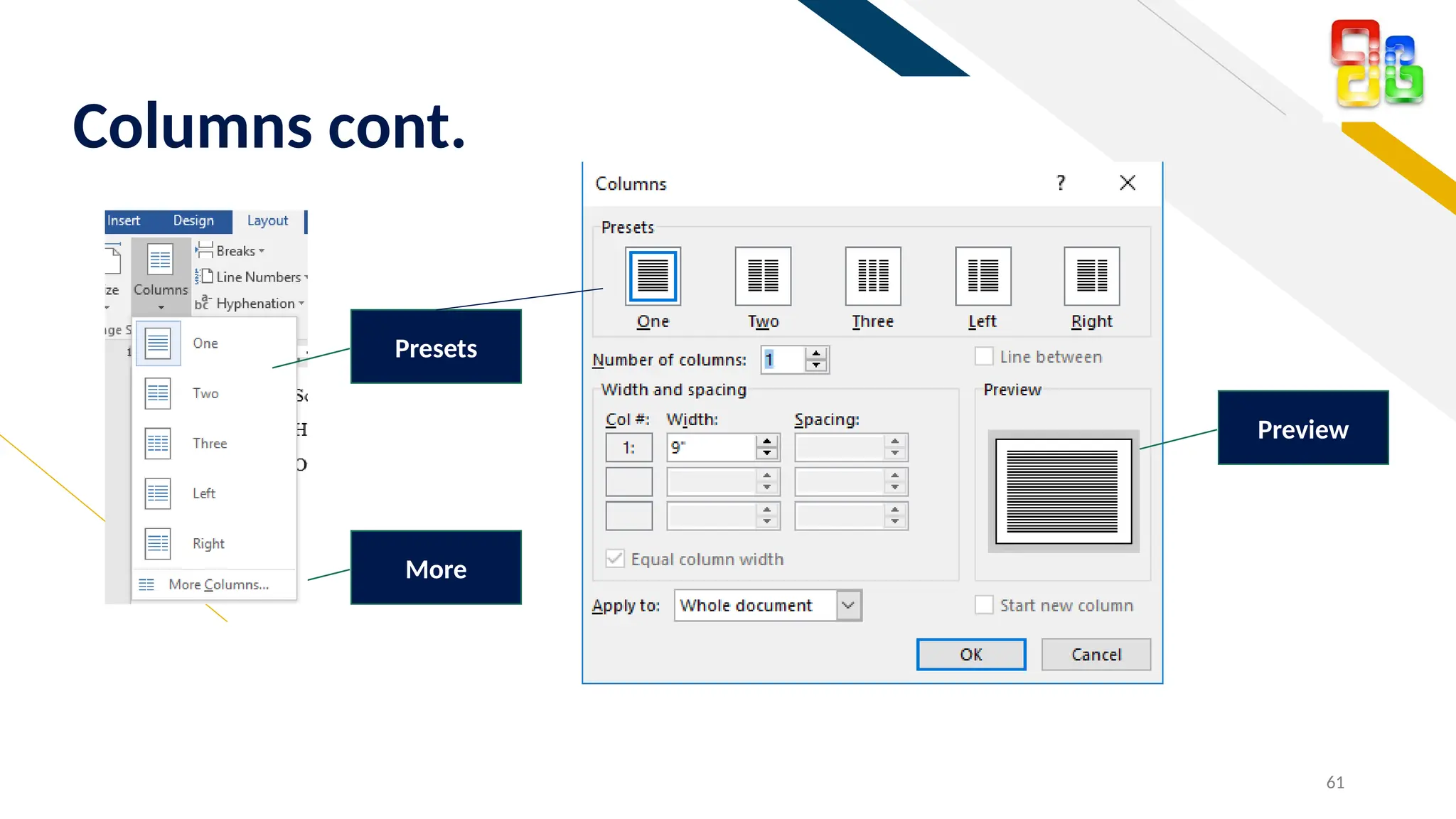FR
61
Columns cont.
More
Presets
Preview
 