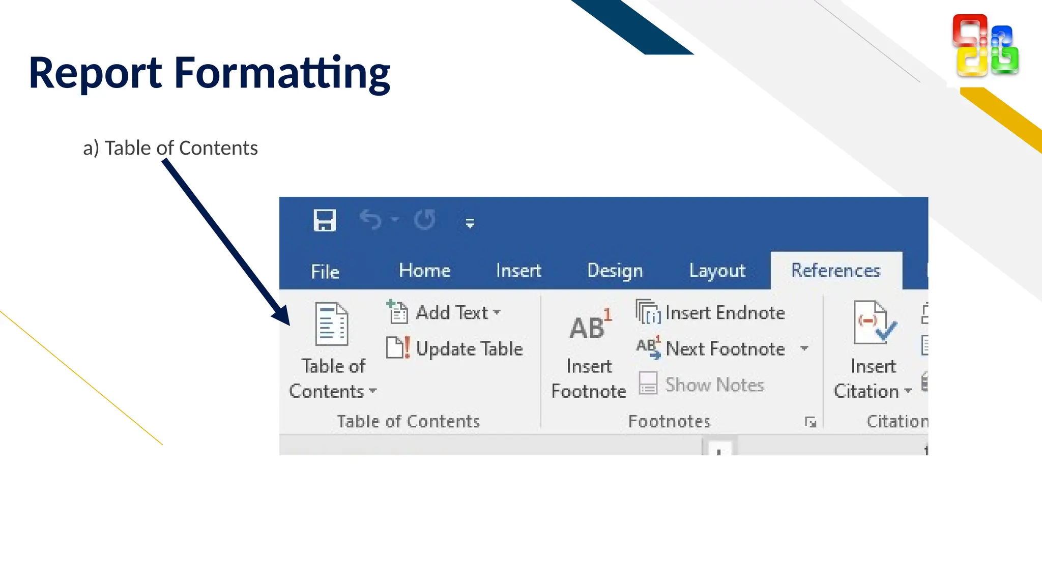 FR
Report Formatting
a) Table of Contents
 