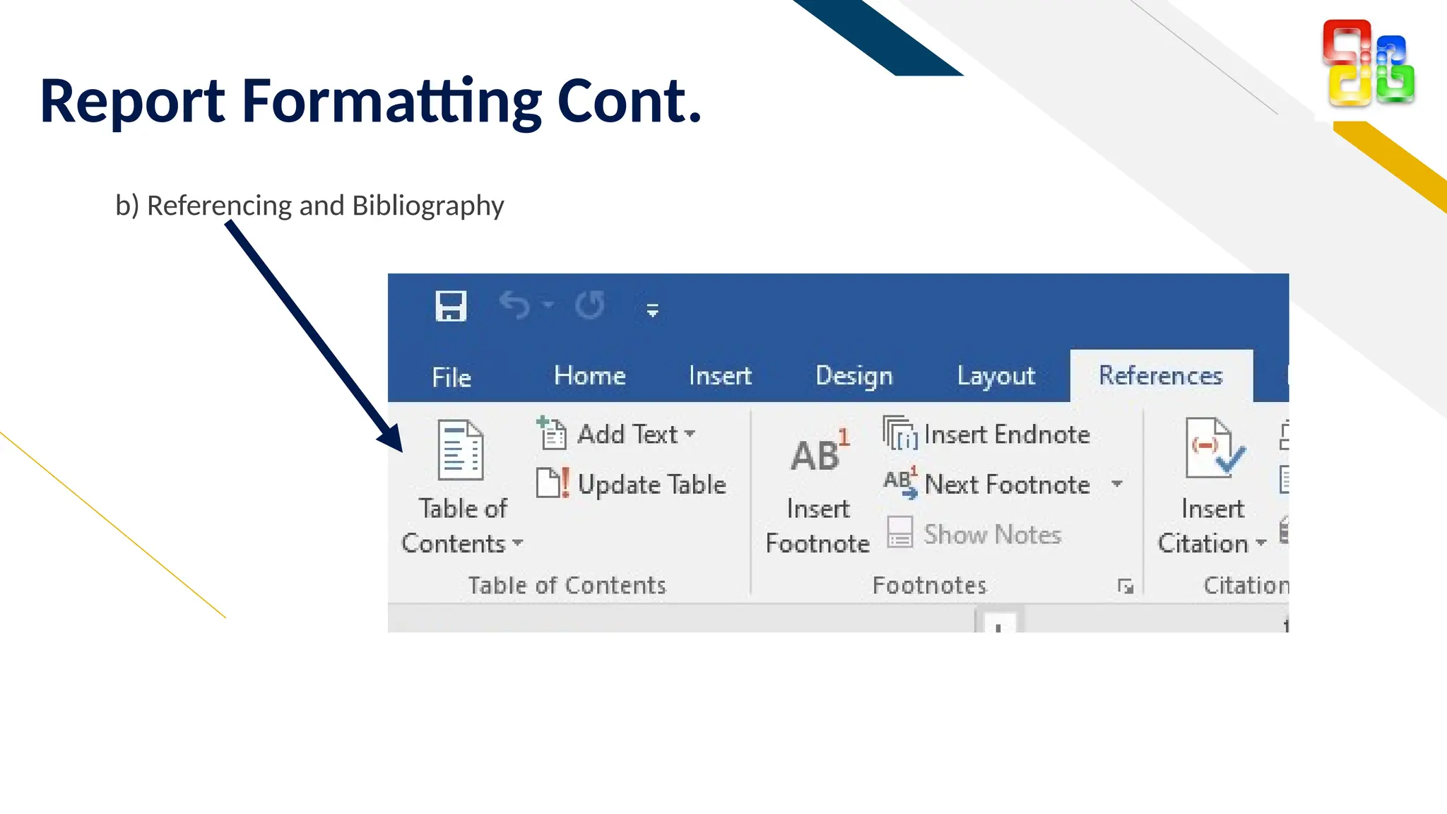 FR
Report Formatting Cont.
b) Referencing and Bibliography
 