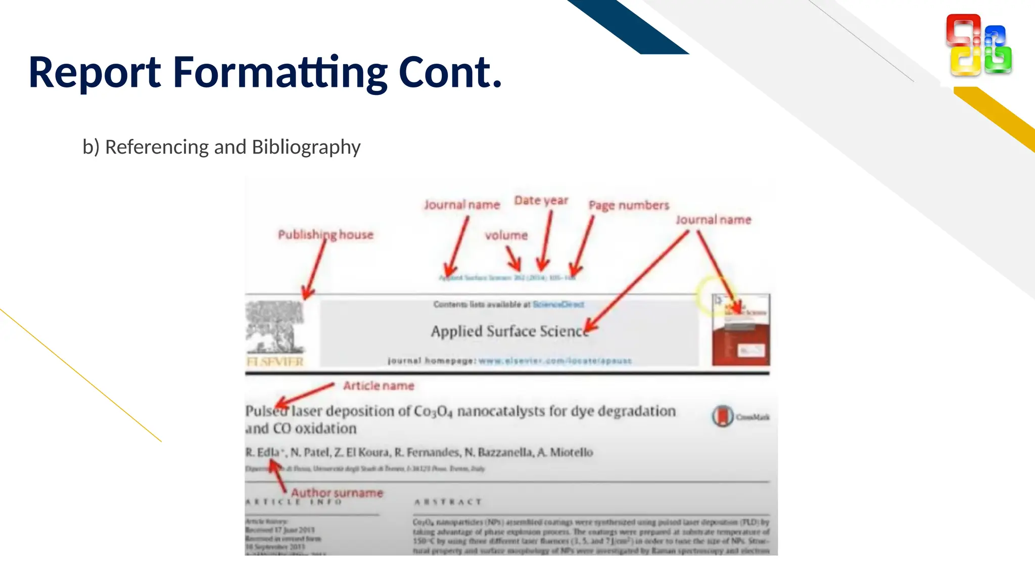 FR
Report Formatting Cont.
b) Referencing and Bibliography
 