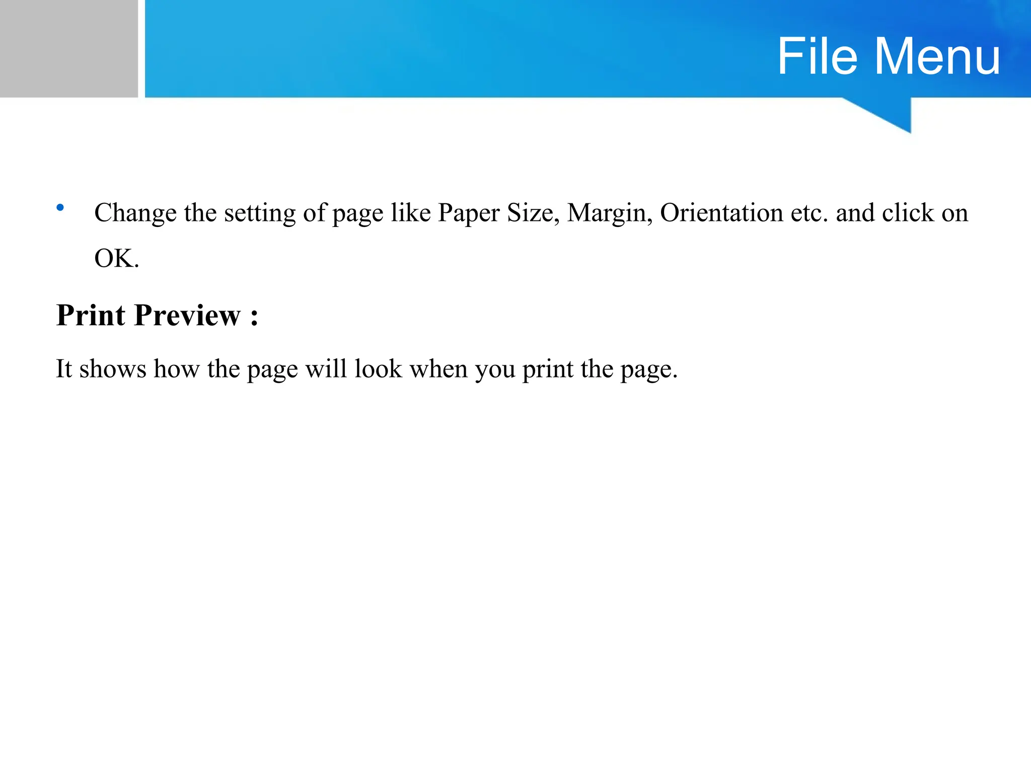 File Menu
• Change the setting of page like Paper Size, Margin, Orientation etc. and click on
OK.
Print Preview :
It shows how the page will look when you print the page.
 
