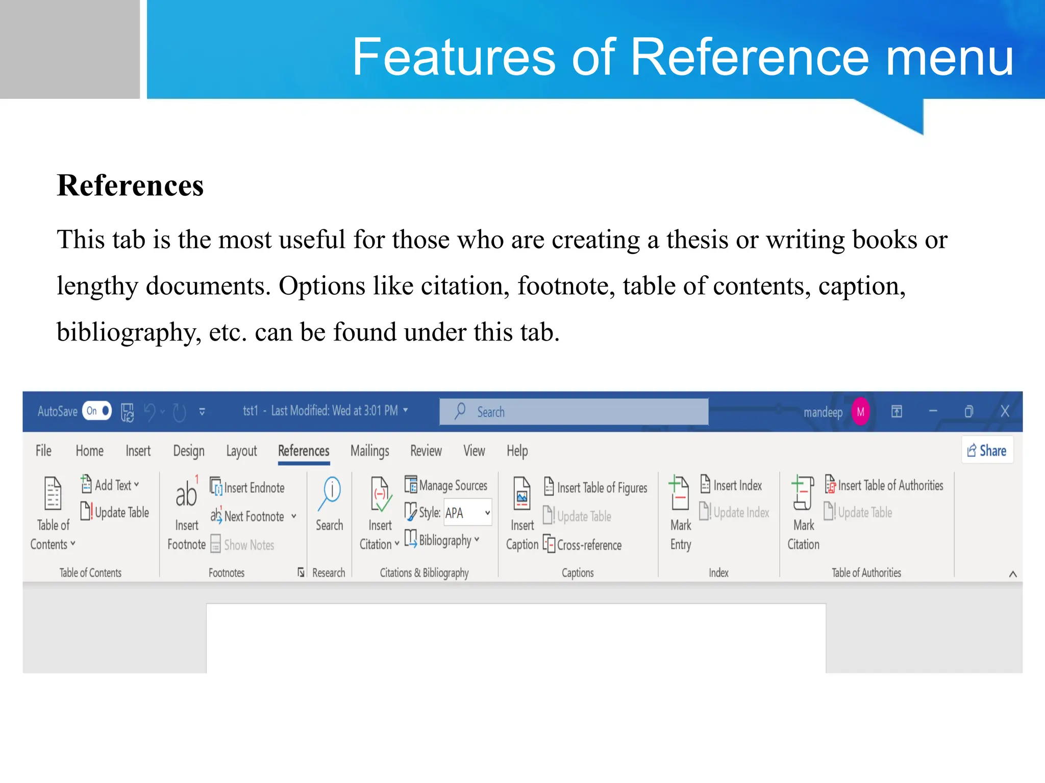 Features of Reference menu
References
This tab is the most useful for those who are creating a thesis or writing books or
lengthy documents. Options like citation, footnote, table of contents, caption,
bibliography, etc. can be found under this tab.
 