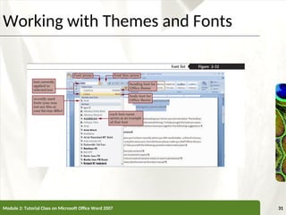 XP
XP
Working with Themes and Fonts
Module 2: Tutorial Class on Microsoft Office Word 2007 31
 