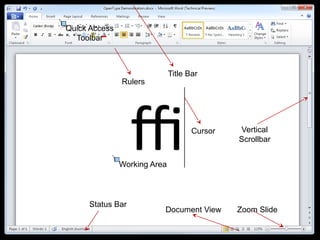 Quick Access
Toolbar
Cursor
Rulers
Title Bar
Vertical
Scrollbar
Status Bar
Document View Zoom Slide
Working Area
 