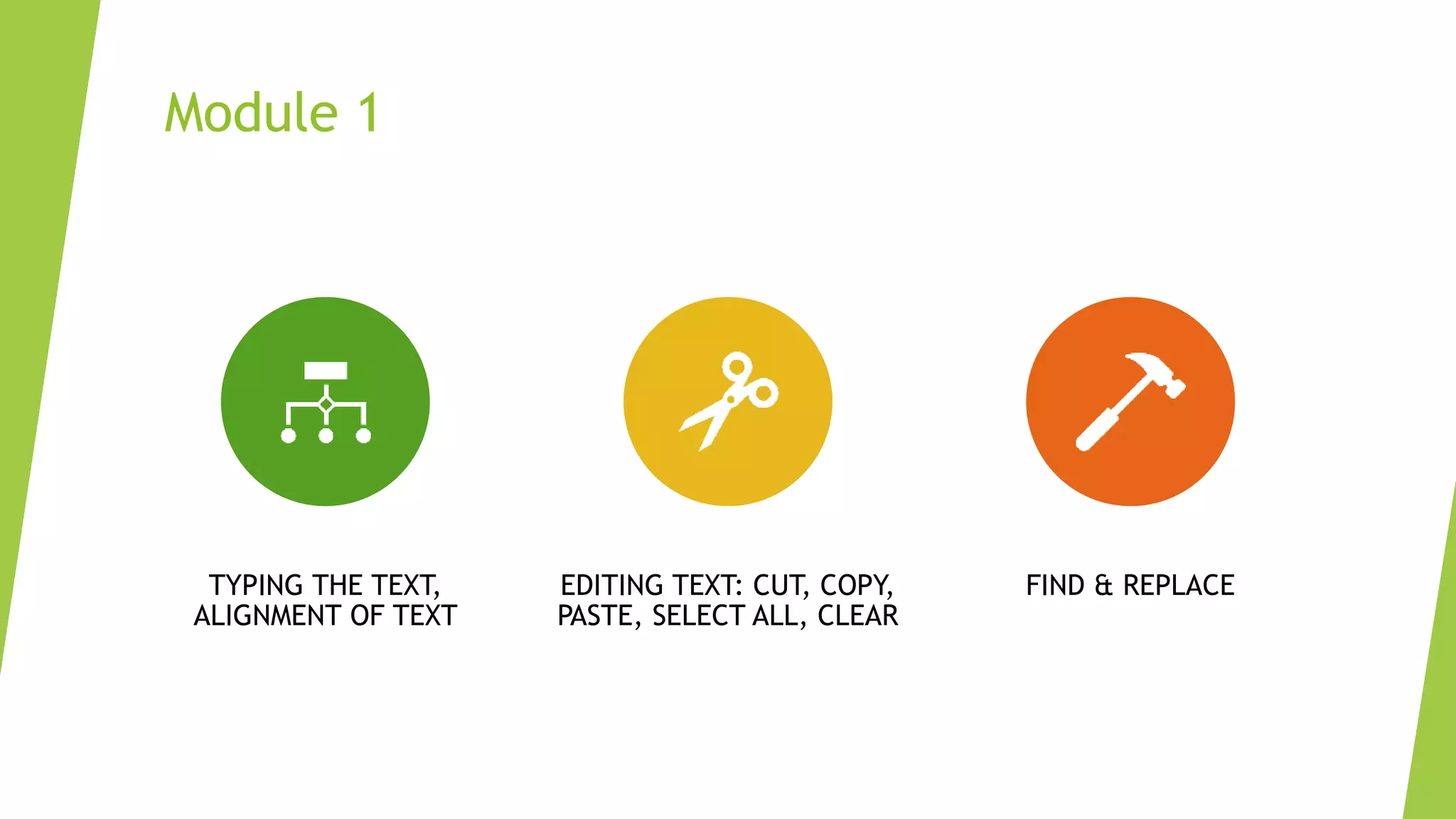 Module 1
TYPING THE TEXT,
ALIGNMENT OF TEXT
EDITING TEXT: CUT, COPY,
PASTE, SELECT ALL, CLEAR
FIND & REPLACE
 
