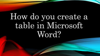 How do you create a
table in Microsoft
Word?
 