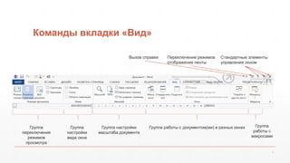 Команды вкладки «Вид» 
4 
Стандартные элементы 
управления окном 
Группа 
переключения 
режимов 
просмотра 
Группа 
настройки 
вида окна 
Группа настройки 
масштаба документа 
Группа работы с документом(ми) в разных окнах Группа 
работы с 
макросами 
Переключение режимов 
отображения ленты 
Вызов справки 
 
