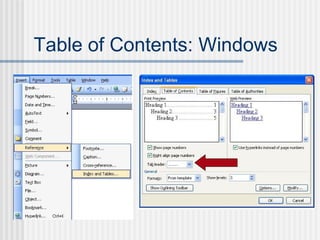 Table of Contents: Windows
 