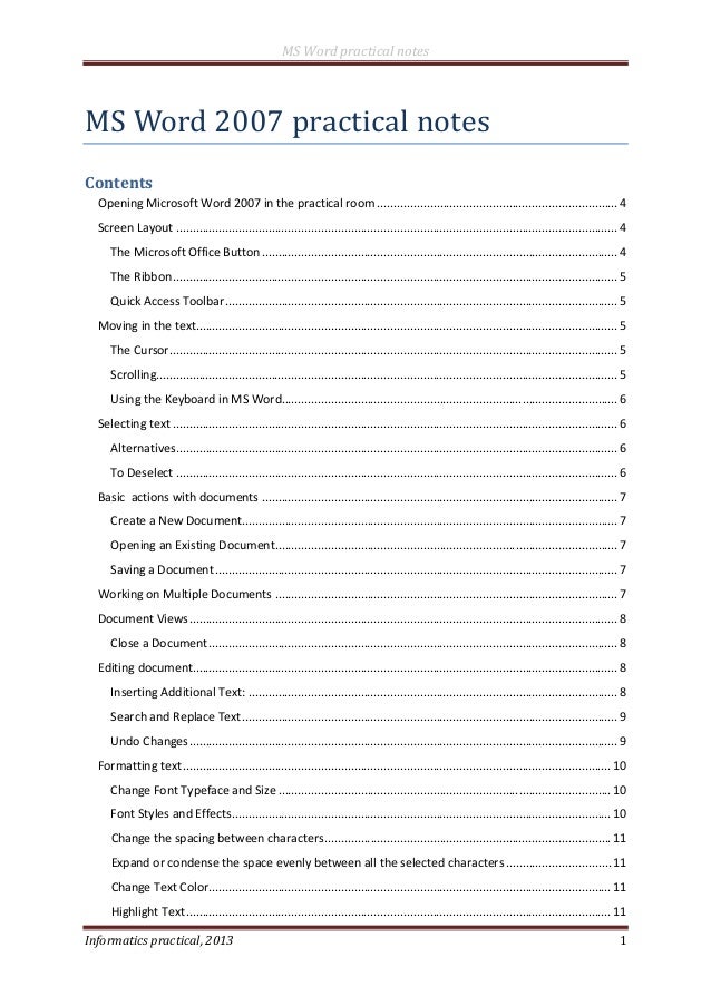 Ms Word 07 Practical Notes