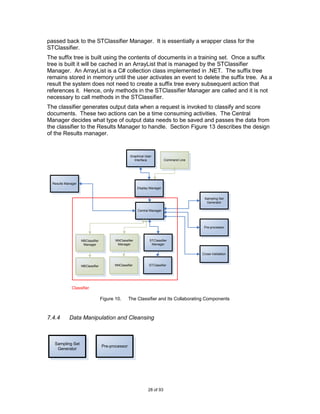 passed back to the STClassifier Manager. It is essentially a wrapper class for the
STClassifier.
The suffix tree is built using the contents of documents in a training set. Once a suffix
tree is built it will be cached in an ArrayList that is managed by the STClassifier
Manager. An ArrayList is a C# collection class implemented in .NET. The suffix tree
remains stored in memory until the user activates an event to delete the suffix tree. As a
result the system does not need to create a suffix tree every subsequent action that
references it. Hence, only methods in the STClassifier Manager are called and it is not
necessary to call methods in the STClassifier.
The classifier generates output data when a request is invoked to classify and score
documents. These two actions can be a time consuming activities. The Central
Manager decides what type of output data needs to be saved and passes the data from
the classifier to the Results Manager to handle. Section Figure 13 describes the design
of the Results manager.


                                                    Graphical User
                                                      Interface            Command Line




  Results Manager
                                                         Display Manager


                                                                                           Sampling Set
                                                                                            Generator

                                                         Central Manager




                                                                                           Pre-processor



                    NBClassifier          NNClassifier          STClassifier
                     Manager               Manager               Manager


                                                                                          Cross-Validation


                    NBClassifier          NNClassifier          STClassifier




              Classifier

                                   Figure 10.      The Classifier and Its Collaborating Components



7.4.4       Data Manipulation and Cleansing



   Sampling Set
                                   Pre-processor
    Generator




                                                               28 of 93
 