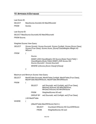 15 APPENDIX A DATABASE

Last Score ID:
SELECT           Max(Scores.ScoreId) AS MaxOfScoreId
FROM             Scores;


Last Source ID:
SELECT Max(Source.SourceId) AS MaxOfSourceId
FROM Source;


Weighted Scores View Query:
SELECT           Scores.ScoreId, Scores.SourceId, Scores.ConfigId, Scores.[Score Class],
                 Scores.[True Class], Scores.Score, [Score]*ClassWeights.Weight AS
                 WScore
FROM             (
                        Source
                        INNER JOIN ClassWeights ON Source.[Node Parent Path] =
                        ClassWeights.[Node Path]) INNER JOIN Scores ON
                        Source.SourceId = Scores.SourceId
                        WHERE (((Scores.[Score Class])=[Class])
                 );


Maximum and Minimum Scores View Query:
SELECT           MaxWTable.SourceId, MaxWTable.ConfigId, MaxWTable.[True Class],
                 MaxWTable.MaxOfWScore, MaxWTable.MinOfWScore
FROM             (
                        SELECT          ws2.SourceId, ws2.ConfigId, ws2.[True Class],
                                        Max(ws2.WScore) AS MaxOfWScore,
                                        Min(ws2.WScore) AS MinOfWScore
                        FROM            WeightedScores AS ws2
                        GROUP BY        ws2.SourceId, ws2.ConfigId, ws2.[True Class]
                 ) AS MaxWTable
WHERE            (
                        ((MaxWTable.MaxOfWScore) Not In (
                                 SELECT         Count(ws3.WScore) AS CountOfWScore
                                 FROM           WeightedScores AS ws3


                                          88 of 93
 