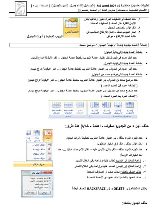 ‫محاضرة‬ |‫حاسوب‬ ‫تطبيقات‬
6
:
MS word 2007
|
[ ‫الجــداول‬
‫الجدول‬ ‫تنسيق‬ ‫ـ‬ ‫جدول‬ ‫إنشاء‬
]
|
‫الصفحة‬
4
‫من‬
7
|
|
‫األق‬
‫ـ‬
‫س‬
‫ـ‬
‫ال‬ ‫ام‬
‫ـ‬
‫ط‬
‫ـ‬
‫ب‬
‫ـ‬
‫ـيـــ‬
‫ة‬
–
‫ص‬
‫ـ‬
‫ي‬
‫ـ‬
‫دل‬
‫ــ‬
‫ة‬
|
‫م‬
‫ـ‬
‫م‬ : ‫المادة‬ ‫درس‬
.
‫أ‬
‫ح‬
‫ـ‬
‫م‬
‫ـــ‬
‫د‬
‫رض‬
‫ـــــ‬
‫وان‬
|
1
.
‫ارتفاعها‬ ‫تغيير‬ ‫المراد‬ ‫الصفوف‬ ‫أو‬ ‫الصف‬ ‫حدد‬
‫بالزر‬
‫المحددة‬ ‫الصفوف‬ / ‫الصف‬ ‫على‬ ‫للفارة‬ ‫األيمن‬
2
.
‫انقر‬
‫األمر‬
‫الجدول‬ ‫خصائص‬
–
3
.
‫صف‬ ‫التبويب‬ ‫اختر‬
–
‫في‬ ‫المناسب‬ ‫االرتفاع‬ ‫ادخل‬
‫خانة‬
‫تحديد‬
‫االرتفاع‬
-
‫موافق‬
‫الجدول‬ ‫أدوات‬ / ‫تخطيط‬ ‫تبويب‬
‫جديدة‬ ‫أعمدة‬ ‫إضافة‬
/ ‫(بداية‬
‫الجدول‬ ‫نهاية‬
)‫محدد‬ ‫موضع‬ /
•
:‫الجدول‬ ‫بداية‬ ‫إلى‬ ‫جديدة‬ ‫أعمدة‬ ‫إضافة‬
‫عالمة‬ ‫اختيار‬ ‫بدل‬ ‫الجدول‬ ‫في‬ ‫عمود‬ ‫أول‬ ‫حدد‬
‫التبويب‬
‫تخطيط‬
‫الجدول‬ ‫عالمة‬
–
‫انقر‬
‫األيقونة‬
‫لليمين‬ ‫إدراج‬
•
:‫الجدول‬ ‫نهاية‬ ‫إلى‬ ‫جديدة‬ ‫أعمدة‬ ‫إضافة‬
‫الجدول‬ ‫في‬ ‫عمود‬ ‫أخر‬ ‫حدد‬
-
‫عالمة‬ ‫اختيار‬ ‫بدل‬
‫التبويب‬
‫تخطيط‬
‫الجدول‬ ‫عالمة‬
–
‫انقر‬
‫األيقونة‬
‫لليسار‬ ‫إدراج‬
•
:‫الجدول‬ ‫من‬ ‫محدد‬ ‫موضع‬ ‫إلى‬ ‫جديدة‬ ‫أعمدة‬ ‫إضافة‬
‫الجدول‬ ‫من‬ ‫محدد‬ ‫موضع‬ ‫حدد‬
-
‫عالمة‬ ‫اختيار‬ ‫بدل‬
‫التبويب‬
‫تخطيط‬
‫الجدول‬ ‫عالمة‬
–
‫انقر‬
‫األيقونة‬
‫لليمين‬ ‫إدراج‬
(
‫إلضافة‬
‫ع‬
‫مود‬
) ‫المحدد‬ ‫العمود‬ ‫قبل‬
‫الجدول‬ ‫من‬ ‫محدد‬ ‫موضع‬ ‫حدد‬
-
‫عالمة‬ ‫اختيار‬ ‫بدل‬
‫التبويب‬
‫تخطيط‬
‫الجدول‬ ‫عالمة‬
–
‫انقر‬
‫األيقونة‬
‫لليسار‬ ‫إدراج‬
) ‫المحدد‬ ‫العمود‬ ‫بعد‬ ‫عمود‬ ‫إلضافة‬ (
‫حذف‬
‫صفوف‬ (‫الجدول‬ ‫من‬ ‫أجزاء‬
-
‫أعمدة‬
-
)‫خاليا‬
:‫طرق‬ ‫عدة‬

‫المراد‬ ‫الجزء‬ ‫حدد‬
‫حذفه‬
-
‫عالمة‬ ‫اختيار‬ ‫بدل‬
‫التبويب‬
‫تخطيط‬
‫الجدول‬ ‫أدوات‬ /

‫اختر‬
‫األمر‬
‫حذف‬
-
‫المطلوب‬ ‫الخيار‬ ‫فوق‬ ‫انقر‬

‫المراد‬ ‫الجزء‬ ‫حدد‬
‫حذفه‬
–
‫بالزر‬ ‫انقر‬
‫األيمن‬
‫عليه‬
–
‫اختر‬
‫األمر‬
‫حذف‬
... ‫خاليا‬
-
‫حدد‬
‫الخيارات‬ ‫أحد‬
:‫األربعة‬
1
.
:‫اليمين‬ ‫إلى‬ ‫الخاليا‬ ‫إزاحة‬
‫خلية‬ ‫لحذف‬
‫وإزاحة‬
‫لليمين‬ ‫الخاليا‬ ‫باقي‬
2
.
:‫اليسار‬ ‫إلى‬ ‫الخاليا‬ ‫إزاحة‬
‫خلية‬ ‫لحذف‬
‫وإزاحة‬
‫لليسار‬ ‫الخاليا‬ ‫باقي‬
3
.
:‫بأكمله‬ ‫الصف‬ ‫حذف‬
‫المحددة‬ ‫الصفوف‬ ‫أو‬ ‫صف‬ ‫لحذف‬
4
.
:‫بأكمله‬ ‫العمود‬ ‫حذف‬
‫المحددة‬ ‫األعمدة‬ ‫أو‬ ‫عمود‬ ‫لحذف‬
‫زر‬ ‫استخدام‬ ‫يمكن‬
DELETE
‫و‬
‫زر‬
BACKSPACE
ً‫ا‬‫أيض‬ ‫للحذف‬
:‫بأكمله‬ ‫الجدول‬ ‫حذف‬
 