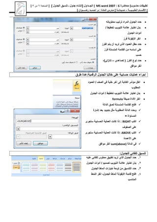 ‫محاضرة‬ |‫حاسوب‬ ‫تطبيقات‬
6
:
MS word 2007
|
[ ‫الجــداول‬
‫الجدول‬ ‫تنسيق‬ ‫ـ‬ ‫جدول‬ ‫إنشاء‬
]
|
‫الصفحة‬
6
‫من‬
7
|
|
‫األق‬
‫ـ‬
‫س‬
‫ـ‬
‫ال‬ ‫ام‬
‫ـ‬
‫ط‬
‫ـ‬
‫ب‬
‫ـ‬
‫ـيـــ‬
‫ة‬
–
‫ص‬
‫ـ‬
‫ي‬
‫ـ‬
‫دل‬
‫ــ‬
‫ة‬
|
‫م‬
‫ـ‬
‫م‬ : ‫المادة‬ ‫درس‬
.
‫أ‬
‫ح‬
‫ـ‬
‫م‬
‫ـــ‬
‫د‬
‫رض‬
‫ـــــ‬
‫وان‬
|

‫محتوياته‬ ‫ترتيب‬ ‫المراد‬ ‫الجدول‬ ‫حدد‬

‫عالمة‬ ‫اختيار‬ ‫بدل‬
‫التبويب‬
‫تخطيط‬
/
‫أدوات‬
‫الجدول‬

‫انقر‬
‫األيقونة‬
‫فرز‬

‫الفرز‬ ‫يتم‬ ‫أن‬ ‫تريد‬ ‫الذي‬ ‫العمود‬ ‫حقل‬ ‫حدد‬
‫على‬
‫أساسه‬
‫فرز‬ ‫المنسدلة‬ ‫القائمة‬ ‫من‬
‫حسب‬

‫تصاعدي‬ ( ‫الفرز‬ ‫نوع‬ ‫حدد‬
–
)‫تنازلي‬
-
‫موافق‬ ‫انقر‬
‫طرق‬ ‫عدة‬:‫الرقمية‬ ‫الجدول‬ ‫خاليا‬ ‫على‬ ‫حسابية‬ ‫عمليات‬ ‫إجراء‬

/ ‫الصف‬ ‫في‬ ‫خلية‬ ‫أخر‬ ‫إلى‬ ‫الكتابة‬ ‫مؤشر‬ ‫انقل‬
‫العمود‬
‫المطلوب‬

‫عالمة‬ ‫اختيار‬ ‫بدل‬
‫التبويب‬
‫تخطيط‬
‫أدوات‬ /
‫الجدول‬

‫انقر‬
‫األداة‬
‫صيغة‬
formula

‫الدالة‬ ‫لصق‬ ‫المنسدلة‬ ‫القائمة‬ ‫افتح‬

‫المطلوبة‬ ‫الدالة‬ ‫وحدد‬
‫مثل‬
sum
‫بعد‬
‫إشارة‬
= ‫المساواة‬

‫اكتب‬
RIGHT
:
‫إذا‬
‫ستجرى‬ ‫الحسابية‬ ‫العملية‬ ‫كانت‬
‫الصفوف‬ ‫على‬

‫اكتب‬
ABOVE
:
‫إذا‬
‫ستجرى‬ ‫الحسابية‬ ‫العملية‬ ‫كانت‬
‫األعمدة‬ ‫على‬

‫الدالة‬ ‫في‬
sum(above)
‫موافق‬ ‫انقر‬
:‫للجدول‬ ‫تلقائي‬ ‫تنسيق‬
1
.
‫عليه‬ ‫تلقائي‬ ‫محتوى‬ ‫تطبيق‬ ‫تريد‬ ‫الذي‬ ‫الجدول‬ ‫حدد‬
2
.
‫عالمة‬ ‫اختيار‬ ‫بدل‬
‫التبويب‬
‫تصميم‬
‫أدوات‬ /
‫الجدول‬
3
.
‫الجدول‬ ‫أنماط‬ ‫خيارات‬ ‫لوحة‬ ‫من‬ ‫التنسيق‬ ‫حدد‬
4
.
‫قائمة‬ ‫افتح‬
‫األيقونة‬
‫الجدول‬ ‫أنماط‬
-
‫النمط‬ ‫انقر‬
‫المناسب‬
 