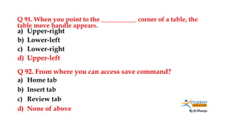 By JS Dhanju
Q 91. When you point to the ___________ corner of a table, the
table move handle appears.
a) Home tab
b) Insert tab
c) Review tab
d) None of above
a) Upper-right
b) Lower-left
c) Lower-right
d) Upper-left
Q 92. From where you can access save command?
 