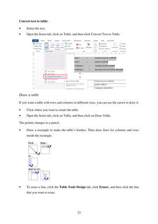 23
Convert text to table:
• Select the text.
• Open the Insert tab, click on Table, and then click Convert Text to Table.
Draw a table
If you want a table with rows and columns in different sizes, you can use the cursor to draw it.
• Click where you want to create the table.
• Open the Insert tab, click on Table, and then click on Draw Table.
The pointer changes to a pencil.
• Draw a rectangle to make the table’s borders. Then draw lines for columns and rows
inside the rectangle.
• To erase a line, click the Table Tools Design tab, click Eraser, and then click the line
that you want to erase.
 