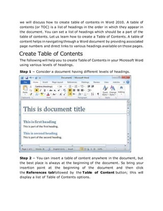 Toc Word Tutorial Microsoft Office Word Introduction Complete | DOCX