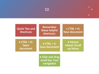 10
Quick Tips and
Shortcuts
Remember
these helpful
shortcuts:
• CTRL + N:
New document
• CTRL + O:
Open
document
• CTRL + S:
Save document
• Mouse
wheel: Scroll
up/down
• Click and drag
scroll bar: Fast
navigation
 