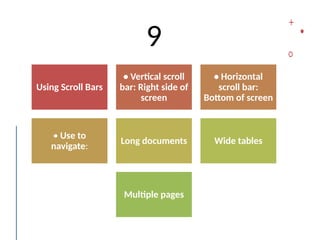 9
Using Scroll Bars
• Vertical scroll
bar: Right side of
screen
• Horizontal
scroll bar:
Bottom of screen
• Use to
navigate:
Long documents Wide tables
Multiple pages
 