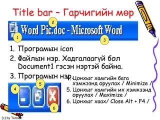 Title bar  – Гарчигийн мөр Програмын  icon Файлын нэр. Хадгалаагүй бол  Document1  гэсэн нэртэй байна. Програмын нэр.  4. Цонхыг хамгийн бага хэмжээнд оруулах /  Minimize  / 5. Цонхыг хамгийн их хэмжээнд оруулах  / Maximize / 6. Цонхыг хаах / Close Alt + F4 / 1 2 3 4 5 6 