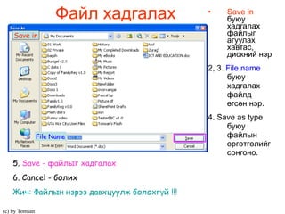 Файл хадгалах Save in   буюу хадгалах файлыг агуулах хавтас, дискний нэр 2, 3 .  File name   буюу хадгалах файлд өгсөн нэр. 4. Save as type  буюу файлын өргөтгөлийг сонгоно.  Save in 5.  Save -  файлыг хадгалах 6. Cancel  - болих   Жич: Файлын нэрээ давхцуулж болохгүй  !!! File Name 