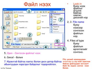 Файл нээх Look in   буюу нээх файлыг агуулж байгаа хавтас, дискний нэр 2, 3 .  File name   буюу нээхээр сонгосон файлын нэр. 4. Files of type  буюу файлын өргөтгөлийг сонгоно.  Look in ICT AND EDUCATION.DOC 5.  Open -  Сонгосон файлыг нээх 6. Cancel  - болих   7. Идэвхтэй байгаа хавтас болон диск дотор байгаа обьектуудын харагдах байдалыг тодорхойлох. File Name File  цэсний командуудын төгсгөлд сүүлд нээж ашиглаж байсан файлуудын жагсаалт байх ба эндээс сонгож  нээж болно.  1 2 7 5 3 4 6 8 