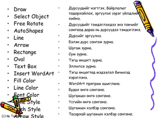 Draw Select Object Free Rotate AutoShapes Line Arrow Rectange Oval Text Box Insert WordArt Fill Color Line Color Font Color Line Style  Dash Style Arrow Style Shadow 3D Дүрсүүдийг нэгтгэх, байрлалыг тодорхойлох, эргүүлэх зэрэг үйлдлийг хийнэ. Дүрсүүдийг тэмдэглэхдээ энэ товчийг сонгоод дараа нь дүрсүүдээ тэмдэглэнэ. Дүрсийг эргүүлнэ. Бэлэн дүрс сонгож зурна. Шугам зурна. Сум зурна. Тэгш өнцөгт зурна. Эллипсе зурна. Тэгш өнцөгтөд мэдээлэл бичихэд хэрэглэнэ. WordArt програм ашиглана. Будах өнгө сонгоно. Шугамын өнгө сонгоно. Үсгийн өнгө сонгоно. Шугамын хэлбэр сонгоно. Тасархай шугамын хэлбэр сонгоно. Сумын хэлбэр сонгоно. Дүрсэнд сүүдэр гаргана. 3 хэмжээст хэлбэрээр харуулна. 