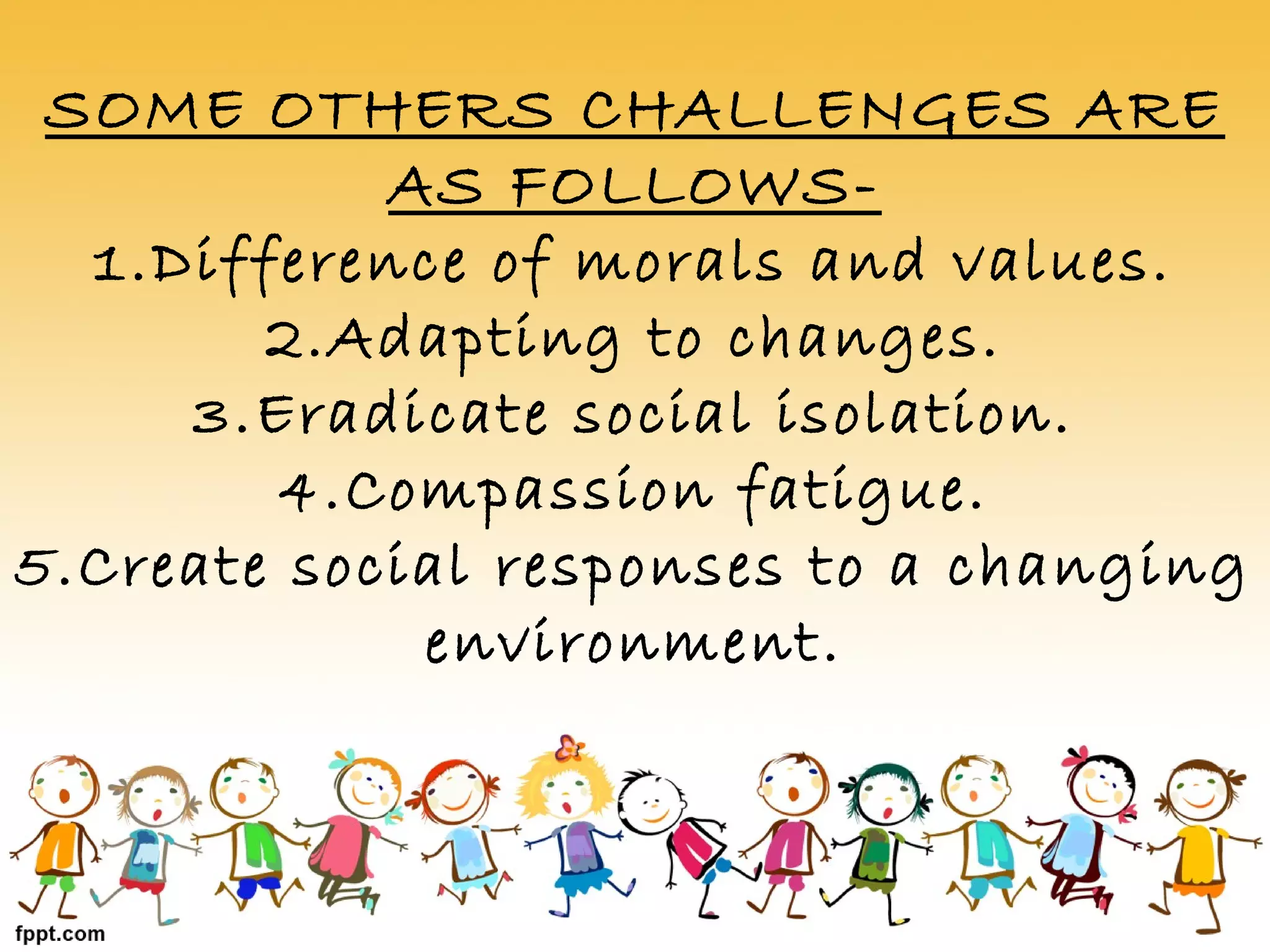 SOME OTHERS CHALLENGES ARE
AS FOLLOWS-
1.Difference of morals and values.
2.Adapting to changes.
3.Eradicate social isolation.
4.Compassion fatigue.
5.Create social responses to a changing
environment.
 
