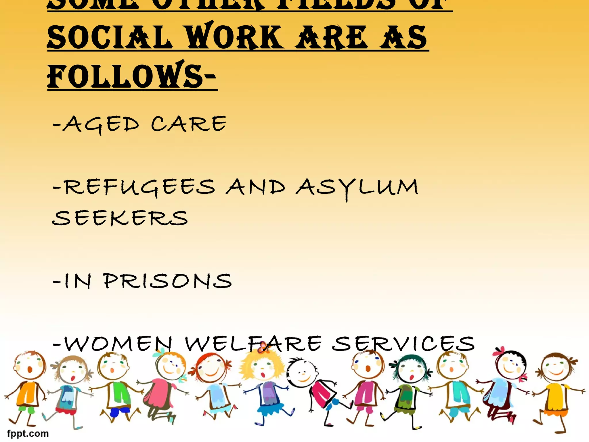 -AGED CARE
-REFUGEES AND ASYLUM
SEEKERS
-IN PRISONS
-WOMEN WELFARE SERVICES
SOME OTHER FIELDS OF
SOCIAL WORK ARE AS
FOLLOWS-
 