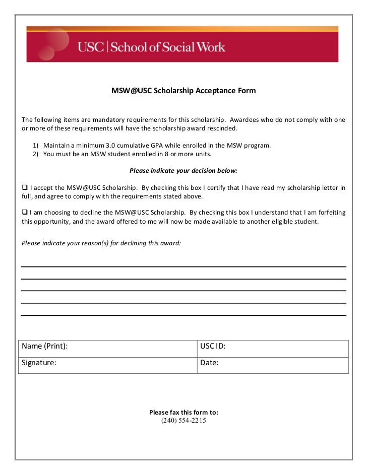 msw usc scholarship acceptance form usc acceptance letter