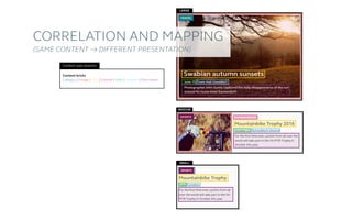LARGE
Medium
Small
Content bricks
Category | Image | Title | Subtitle | Date | Location | Description
Content type (events)
Correlation and Mapping
(Same Content → Different presentation)
 