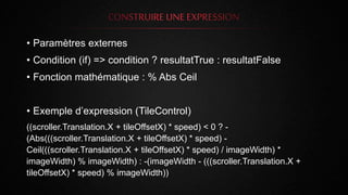 • Paramètres externes
• Condition (if) => condition ? resultatTrue : resultatFalse
• Fonction mathématique : % Abs Ceil
• Exemple d’expression (TileControl)
((scroller.Translation.X + tileOffsetX) * speed) < 0 ? -
(Abs(((scroller.Translation.X + tileOffsetX) * speed) -
Ceil(((scroller.Translation.X + tileOffsetX) * speed) / imageWidth) *
imageWidth) % imageWidth) : -(imageWidth - (((scroller.Translation.X +
tileOffsetX) * speed) % imageWidth))
 