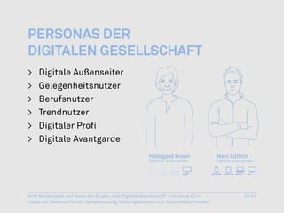 personas Der
Digitalen gesellschaft
>    Digitale Außenseiter
>    Gelegenheitsnutzer
>    Berufsnutzer
>    Trendnutzer
>    Digitaler Profi
>    Digitale Avantgarde




Acht Nutzertypen auf Basis der Studie: »Die Digitale Gesellschaft – Initiative D21«   29/47
Fokus auf Medienaffinität, Gerätenutzung, Nutzungskontext und Nutzerbedürfnissen.
 