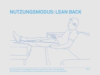 Nutzungsmodus: Lean Back




Der Anwender ist vorwiegend entspannt und passiv (lässt sich berieseln).       35/47
Die Interaktion mit dem Device ist sporadisch, temporär und nicht dauerhaft.
 