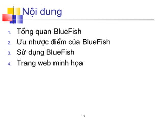 Nội dung
1. Tổng quan BlueFish
2. Ưu nhược điểm của BlueFish
3. Sử dụng BlueFish
4. Trang web minh họa
2
 