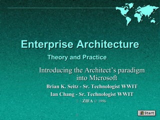 Enterprise ArchitectureEnterprise Architecture
Theory and PracticeTheory and Practice
Introducing the Architect’s paradigmIntroducing the Architect’s paradigm
into Microsoftinto Microsoft
Brian K. Seitz - Sr. Technologist WWITBrian K. Seitz - Sr. Technologist WWIT
Ian Chang - Sr. Technologist WWITIan Chang - Sr. Technologist WWIT
  ZIFAZIFA © 1996© 1996
™

 