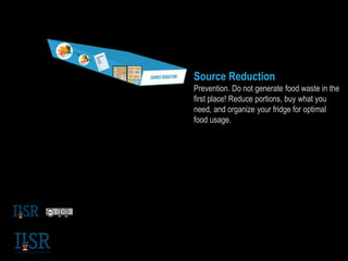 Source Reduction
Prevention. Do not generate food waste in the
first place! Reduce portions, buy what you
need, and organize your fridge for optimal
food usage.
 