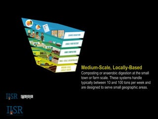 Medium-Scale, Locally-Based
Composting or anaerobic digestion at the small
town or farm scale. These systems handle
typically between 10 and 100 tons per week and
are designed to serve small geographic areas.
 